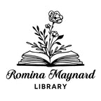 Logo of Romina Maynard Library with an open book and floral design on a white background