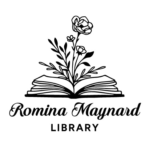 Logo of Romina Maynard Library with an open book and floral design on a white background