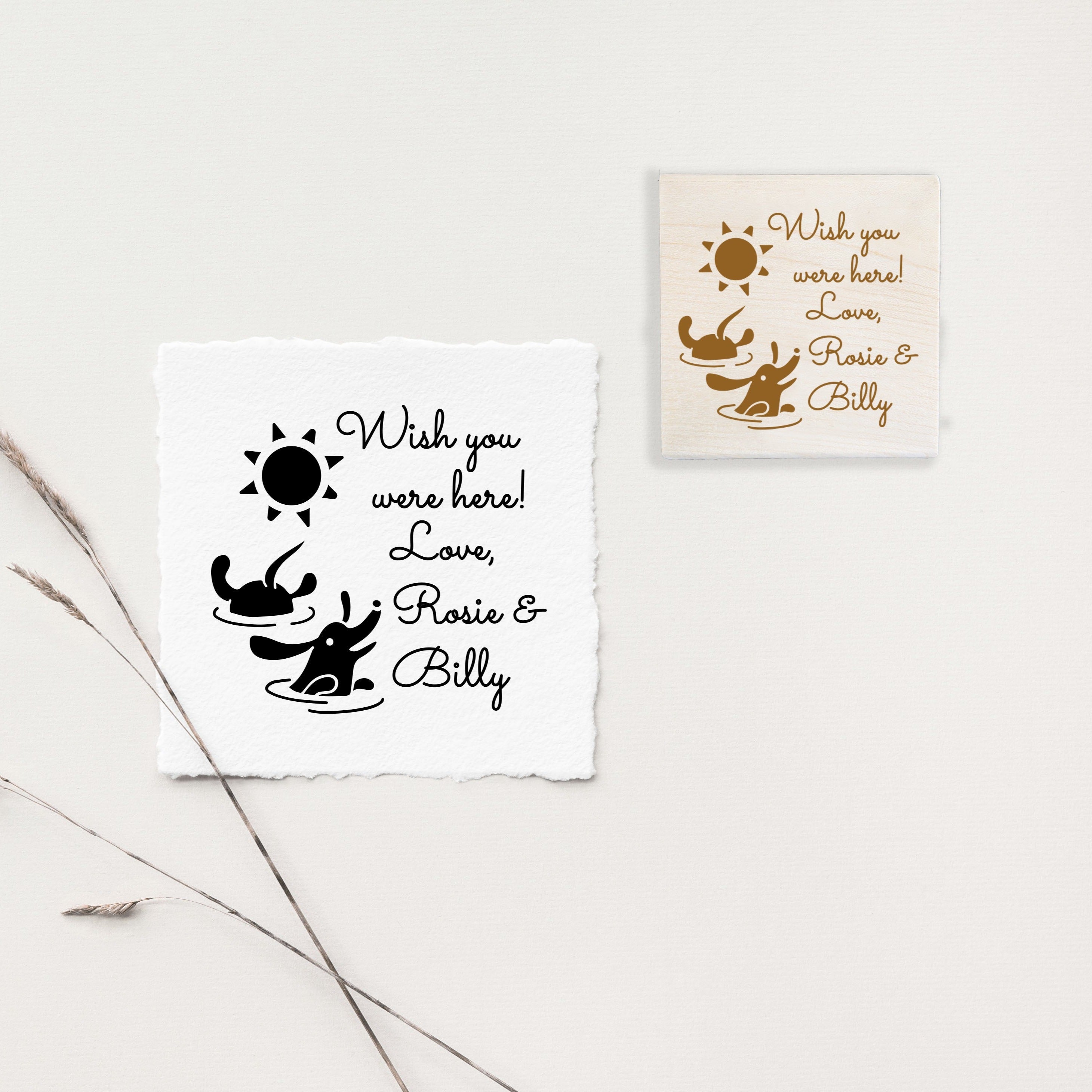 A personalized stamp with a design of a dog swimming, accompanied by text that reads 'Wish you were here' and 'Love', with the names 'Rosie & Billy'.