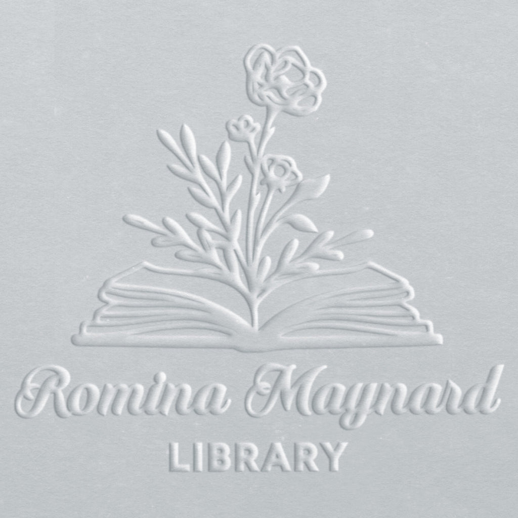 Embossed design of an open book with flowers on a light gray background, featuring the text 'Romina Maynard Library'.