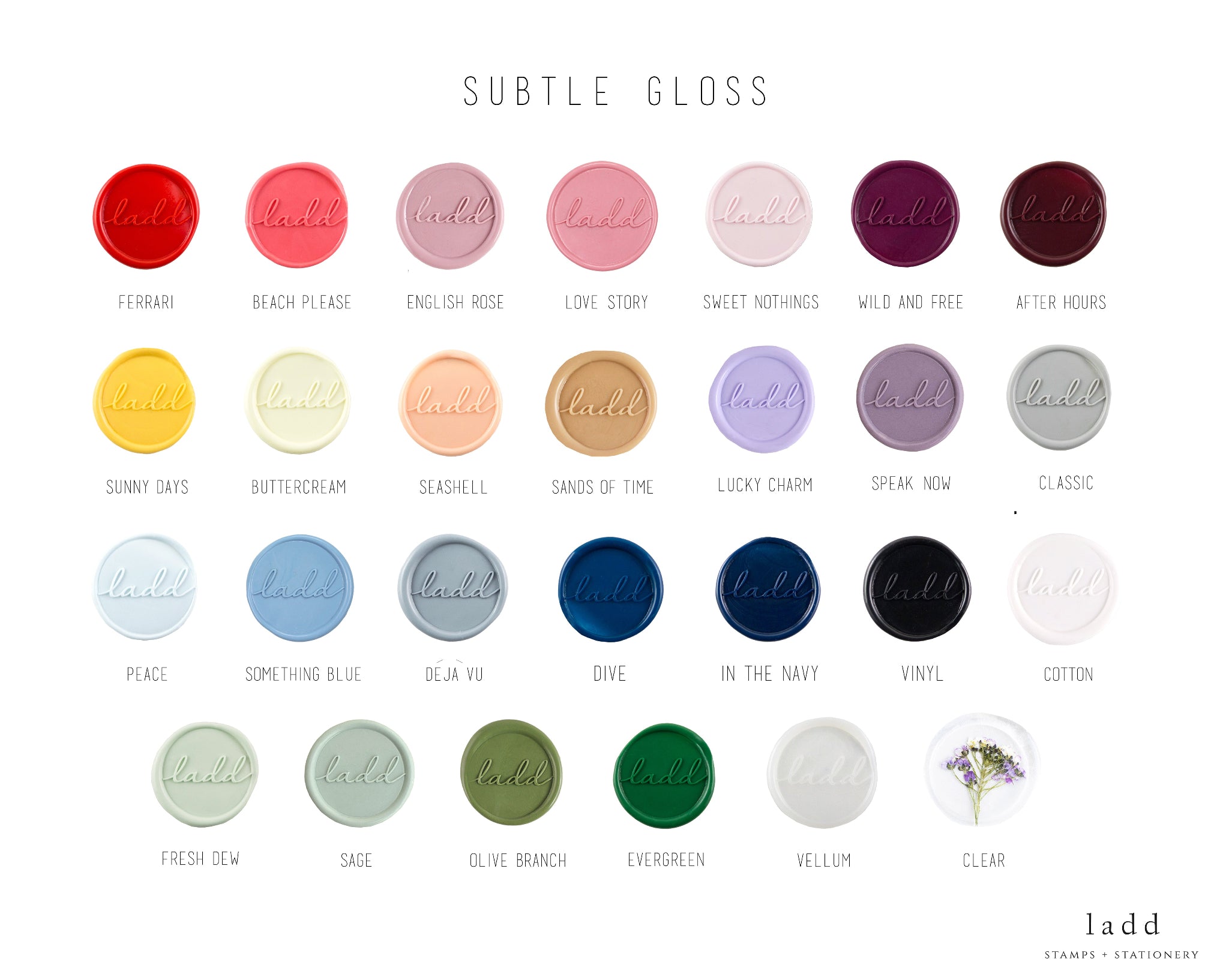 Subtle Gloss Color swatches of wax sealing sticks labeled 'Ladd' with various shades on a white background