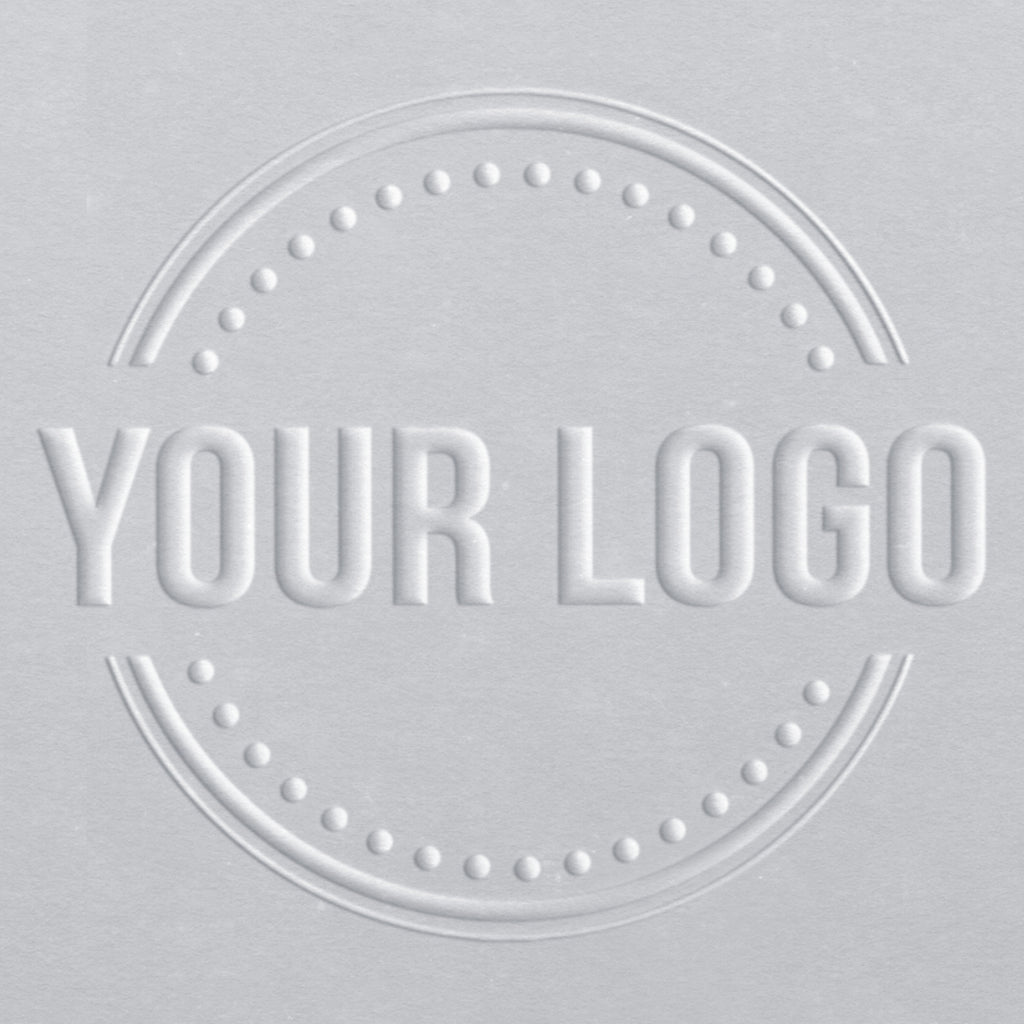 Embossed "YOUR LOGO" text inside a decorative circular border on a paper