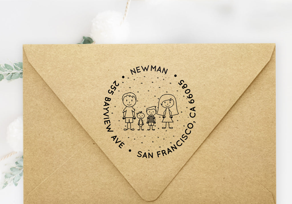 Family Caricatures Address Stamp with Snow