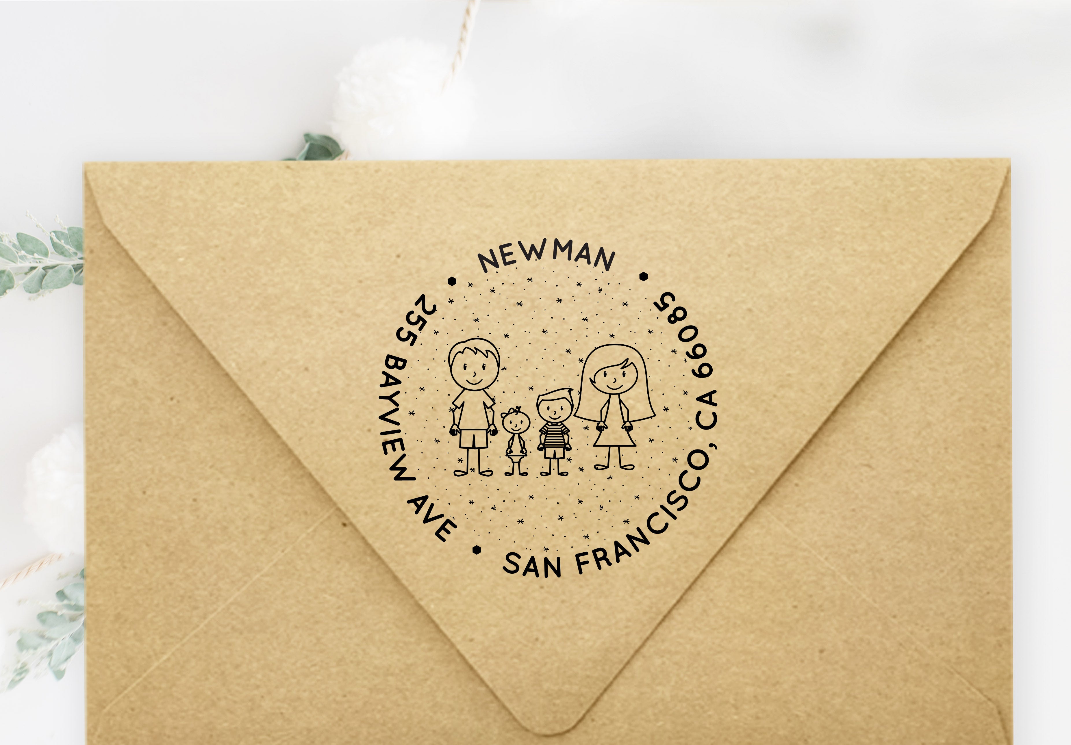 Family Caricatures Address Stamp with Snow