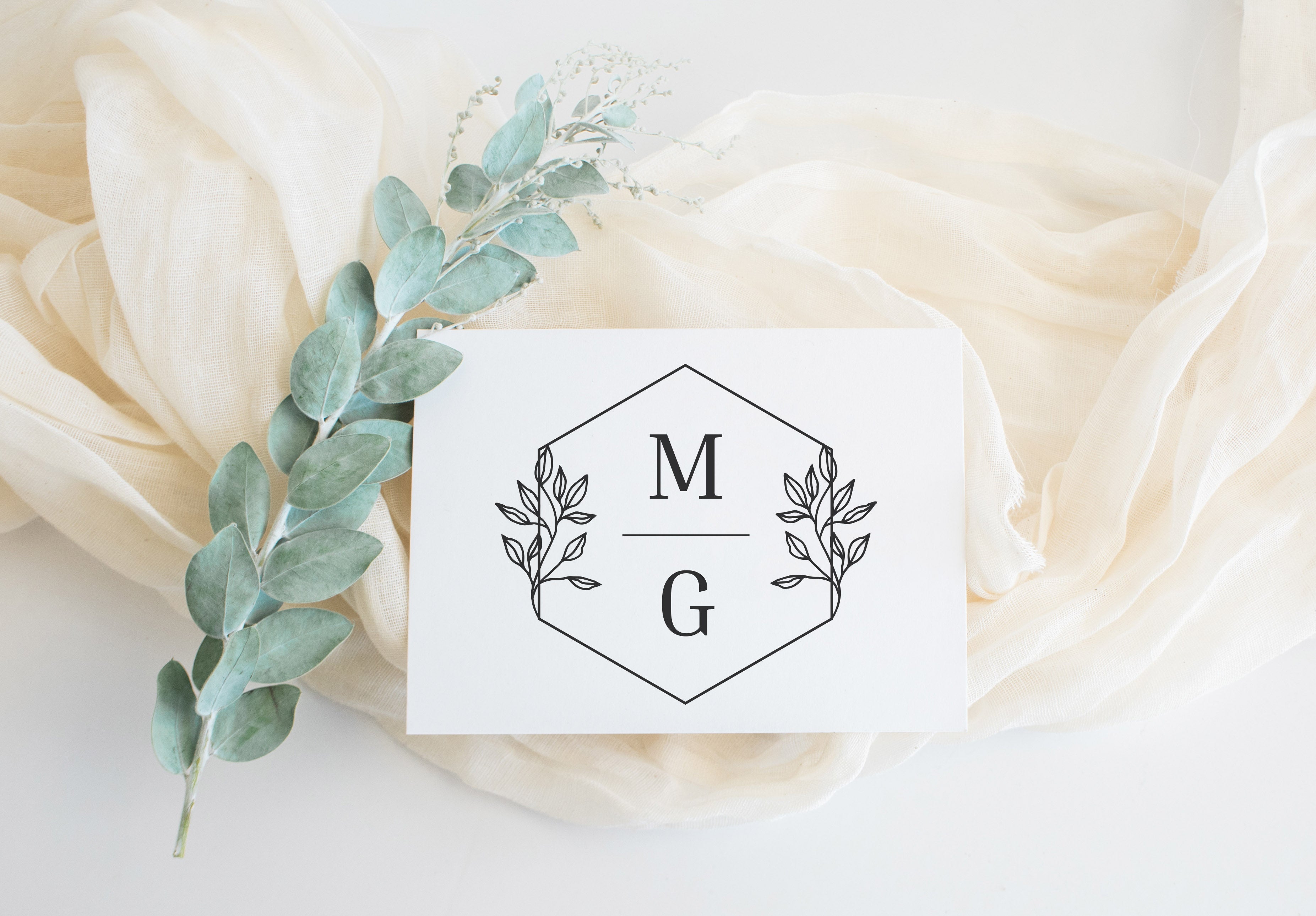Hexagonal Botanical Initials Wedding Stamp