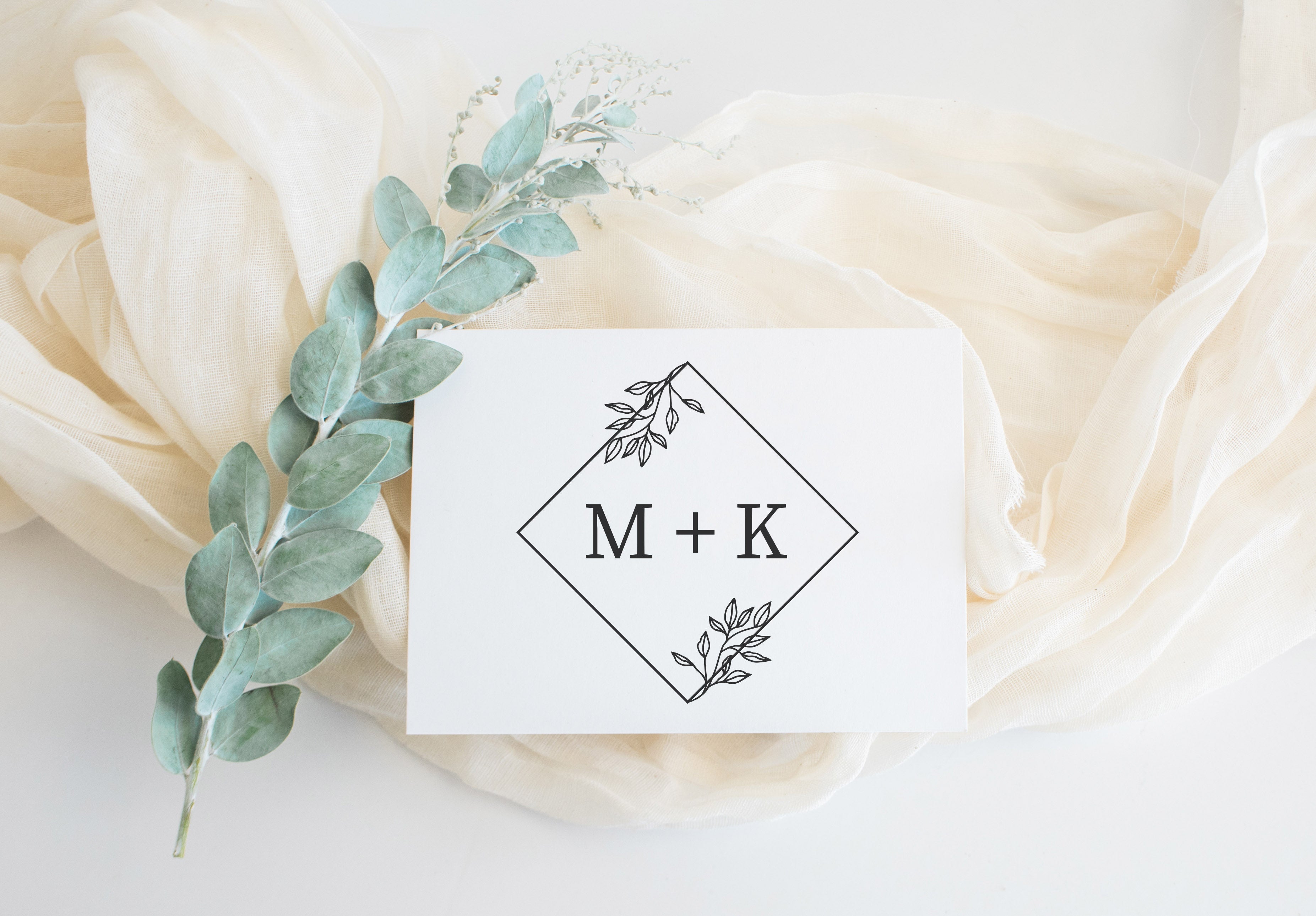 Diamond Leaves Initials Wedding Stamp