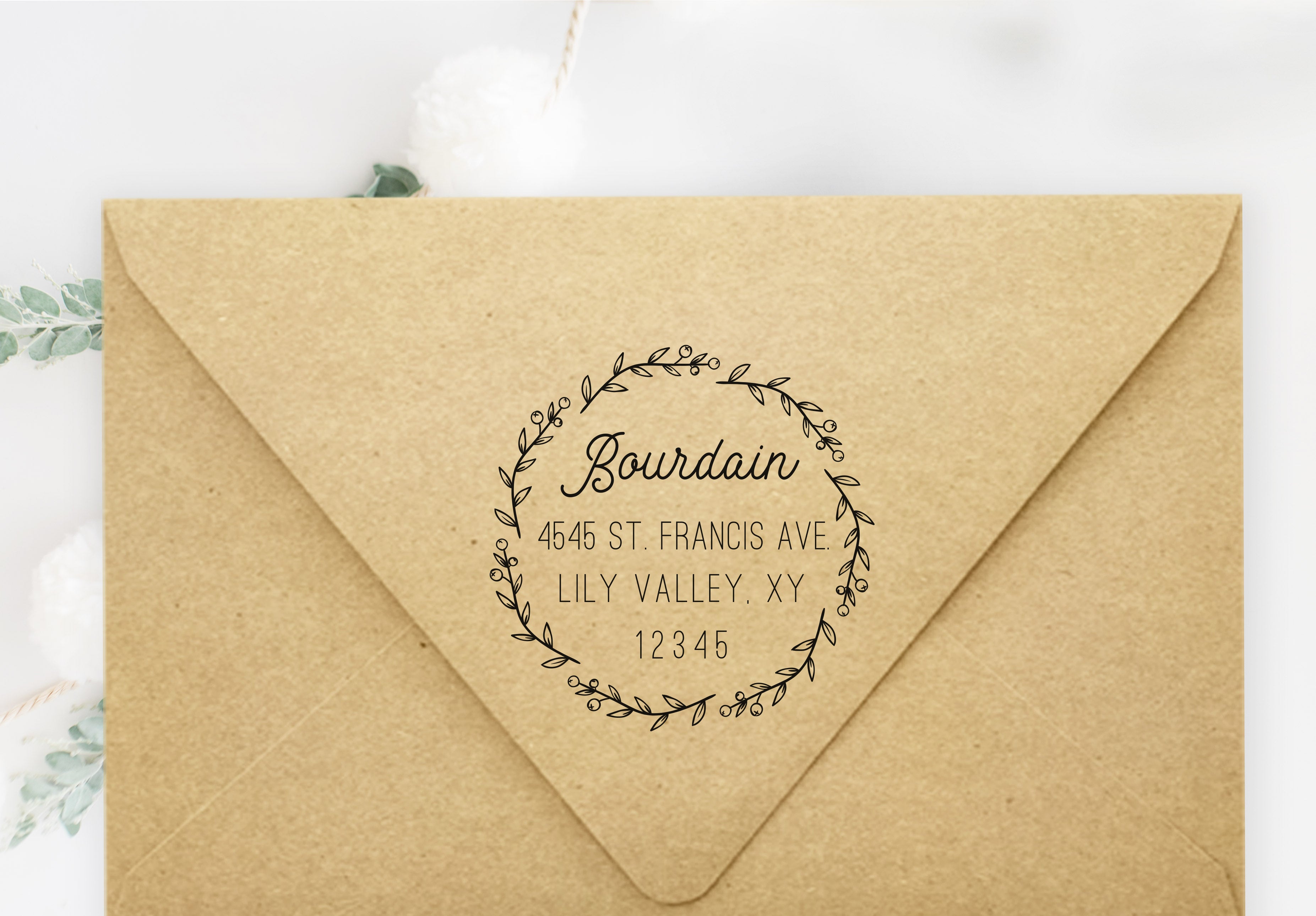 Bourdain Wreath Address Stamp