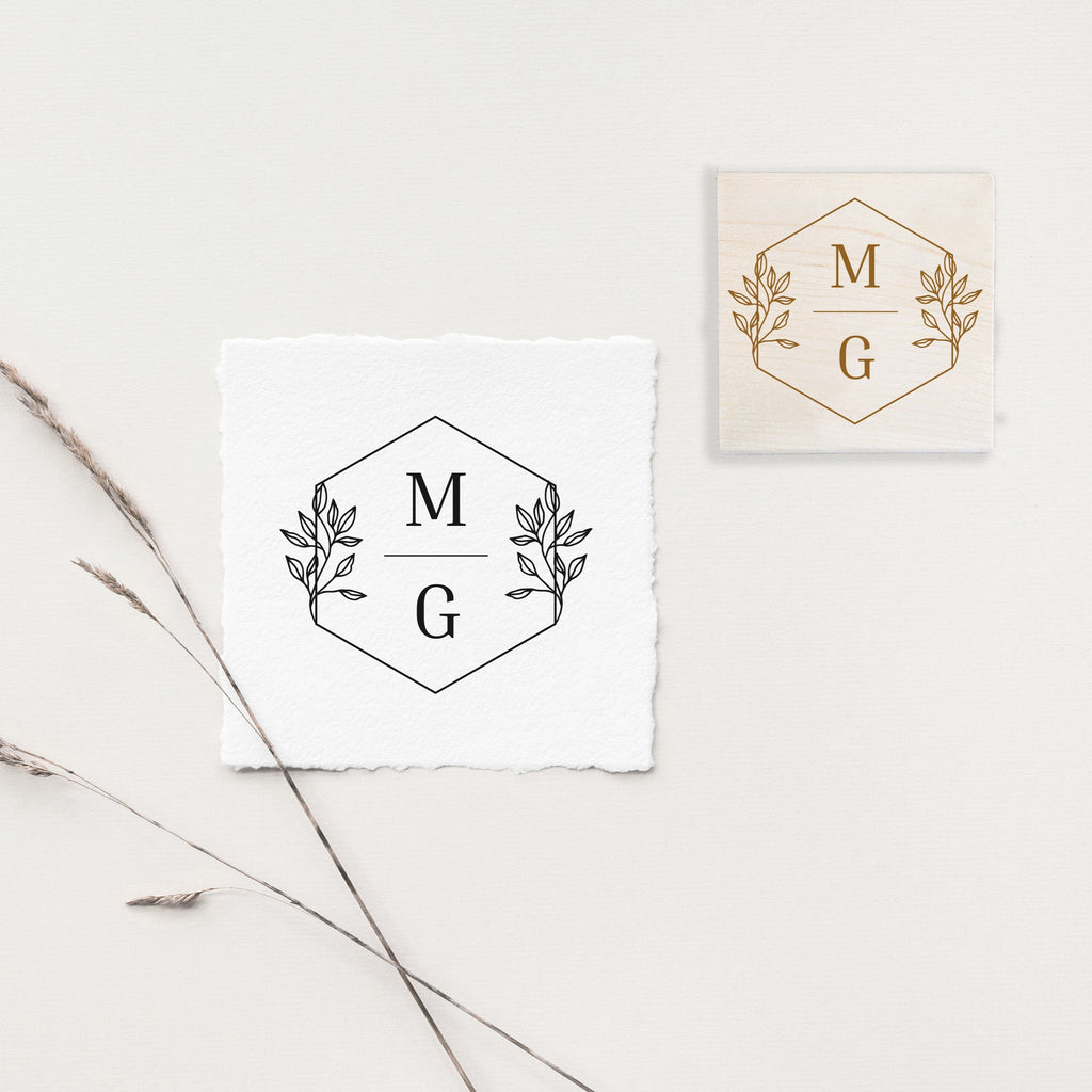 Hexagonal Botanical Initials Wedding Stamp