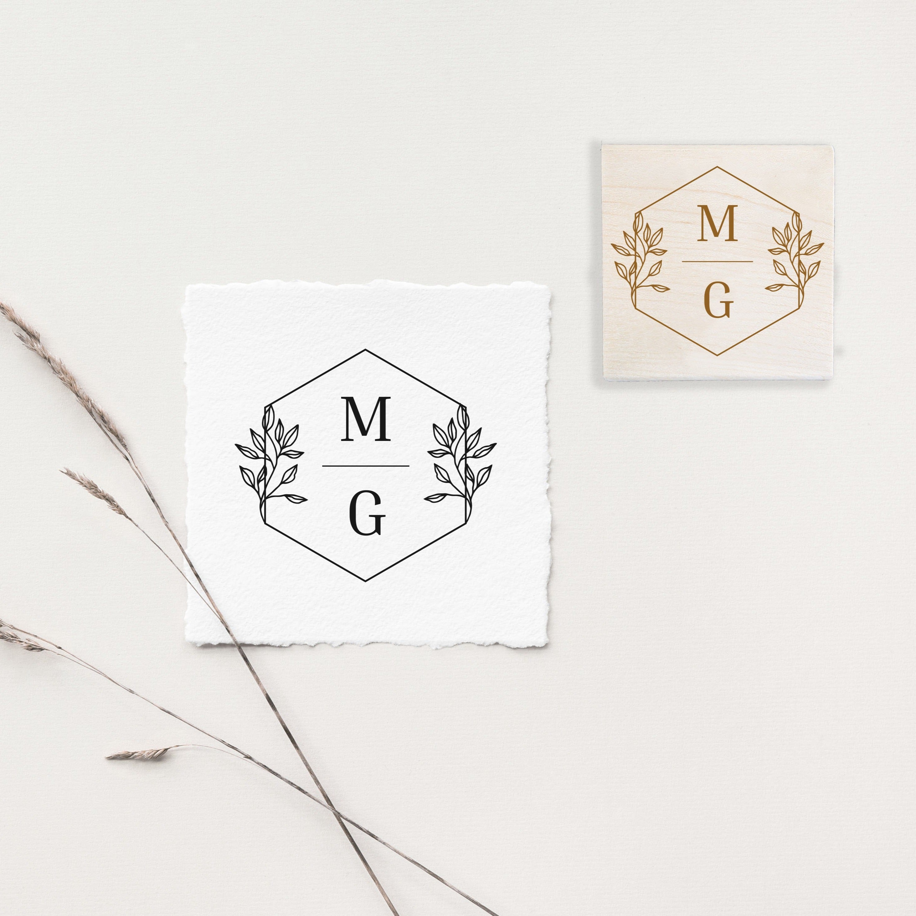 Hexagonal Botanical Initials Wedding Stamp