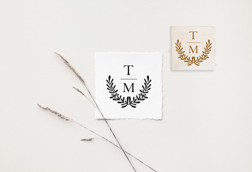 Laurel Ribbon Initials Wedding Stamp