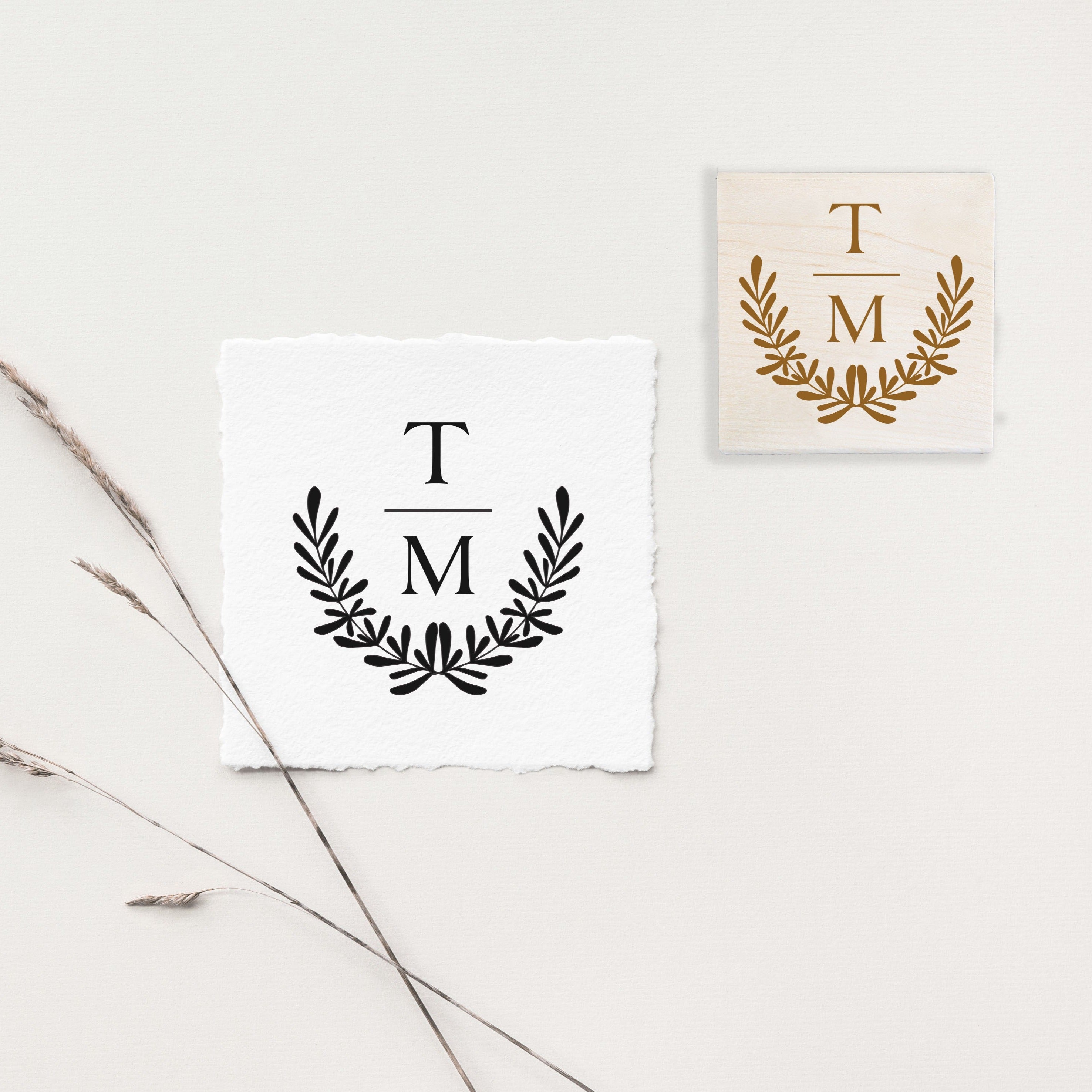 Laurel Ribbon Initials Wedding Stamp