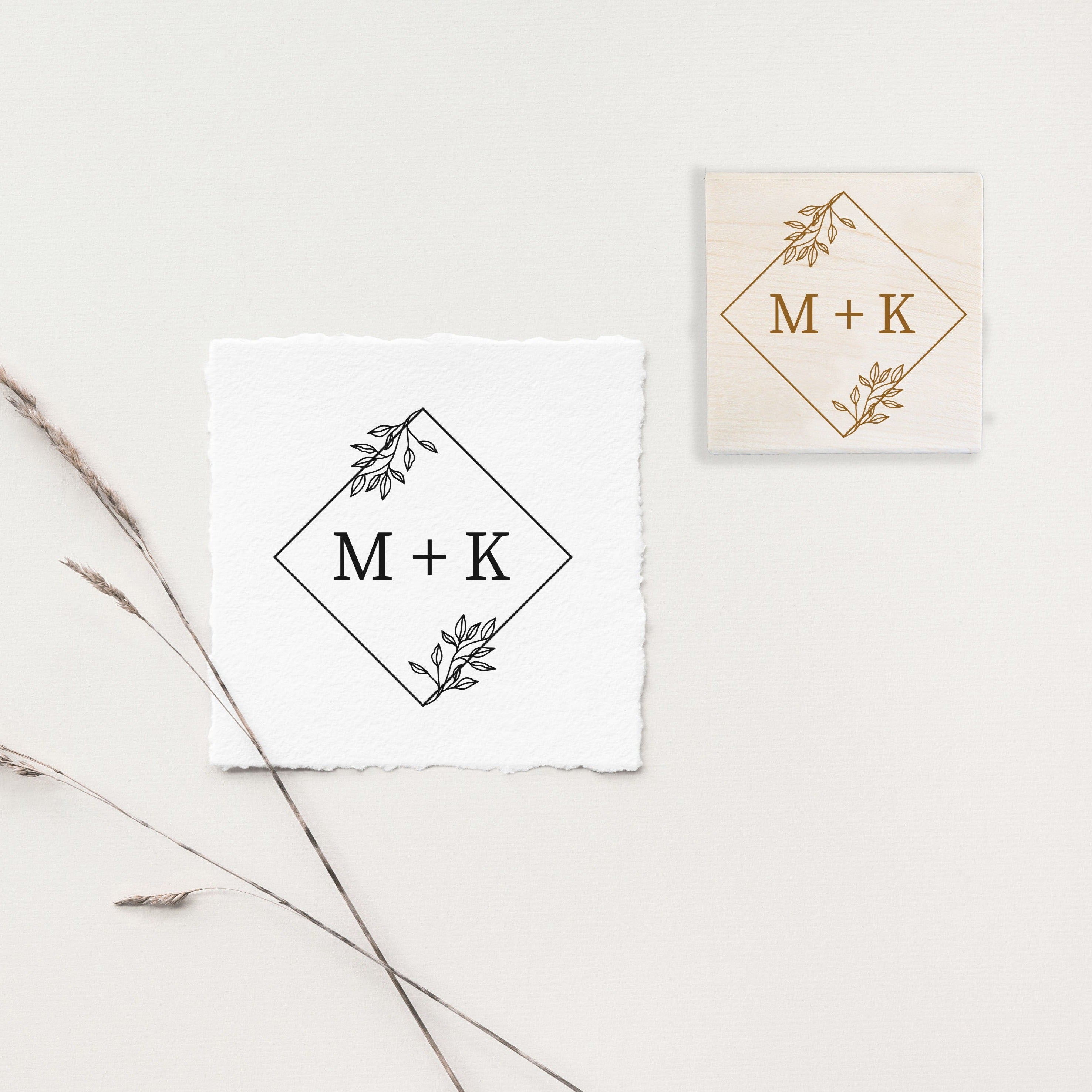 Diamond Leaves Initials Wedding Stamp