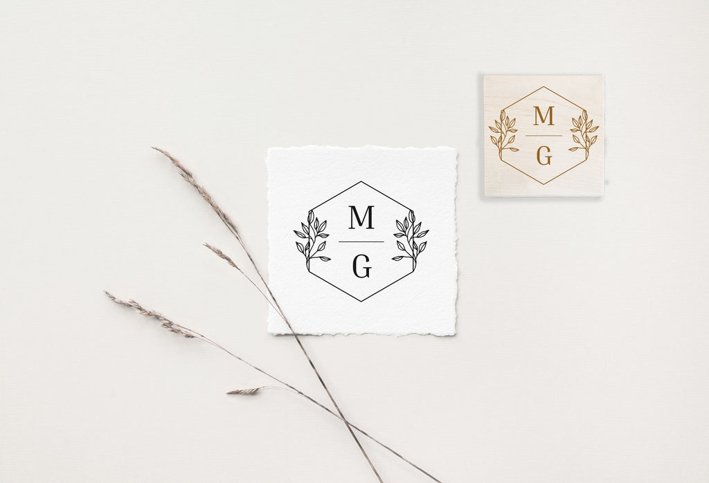 Hexagonal Botanical Initials Wedding Stamp