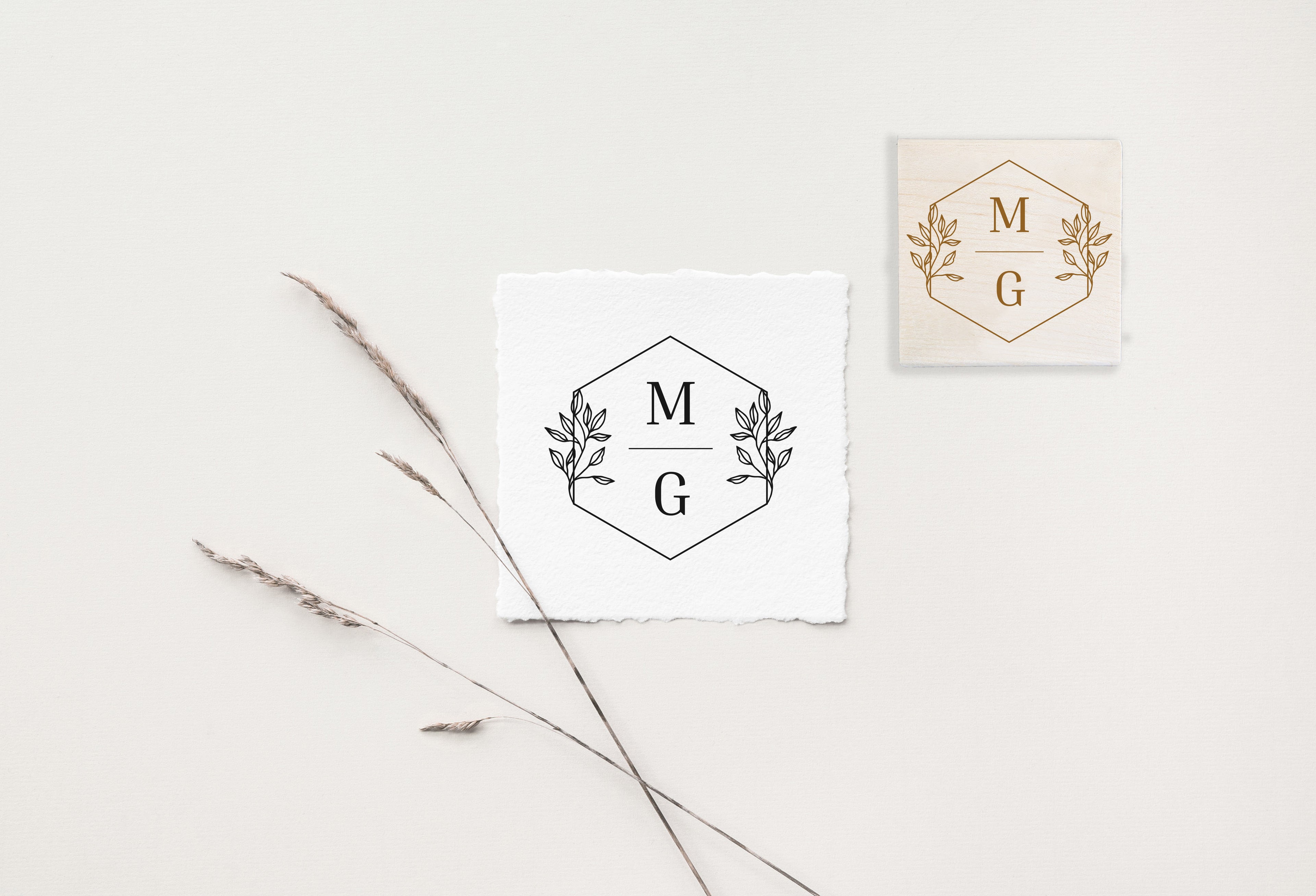 Hexagonal Botanical Initials Wedding Stamp