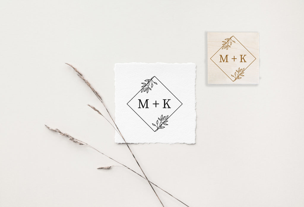 Diamond Leaves Initials Wedding Stamp