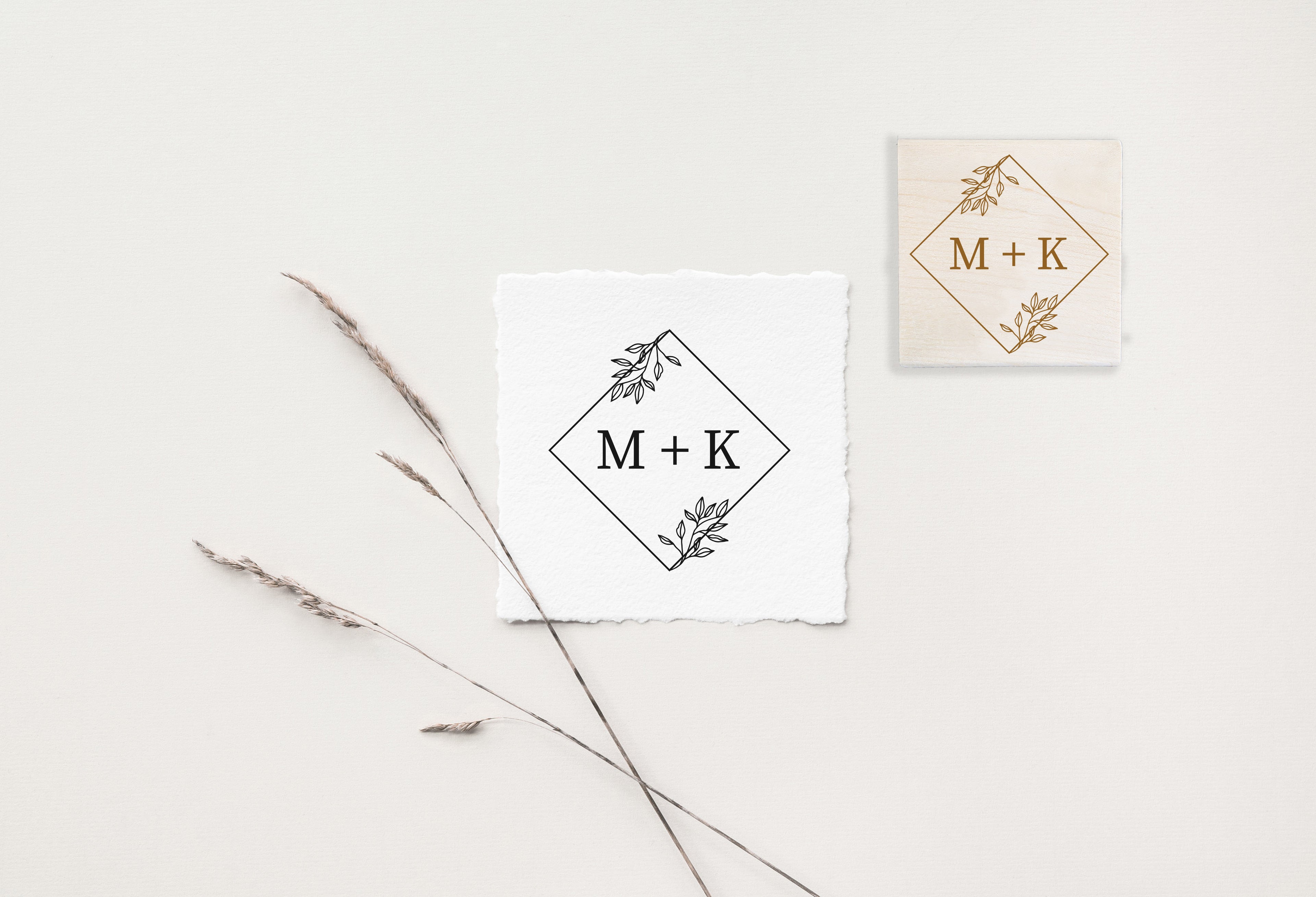 Diamond Leaves Initials Wedding Stamp
