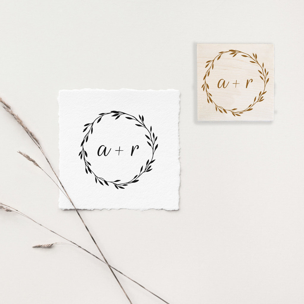 Hand-drawn Wreath Initials Wedding Stamp
