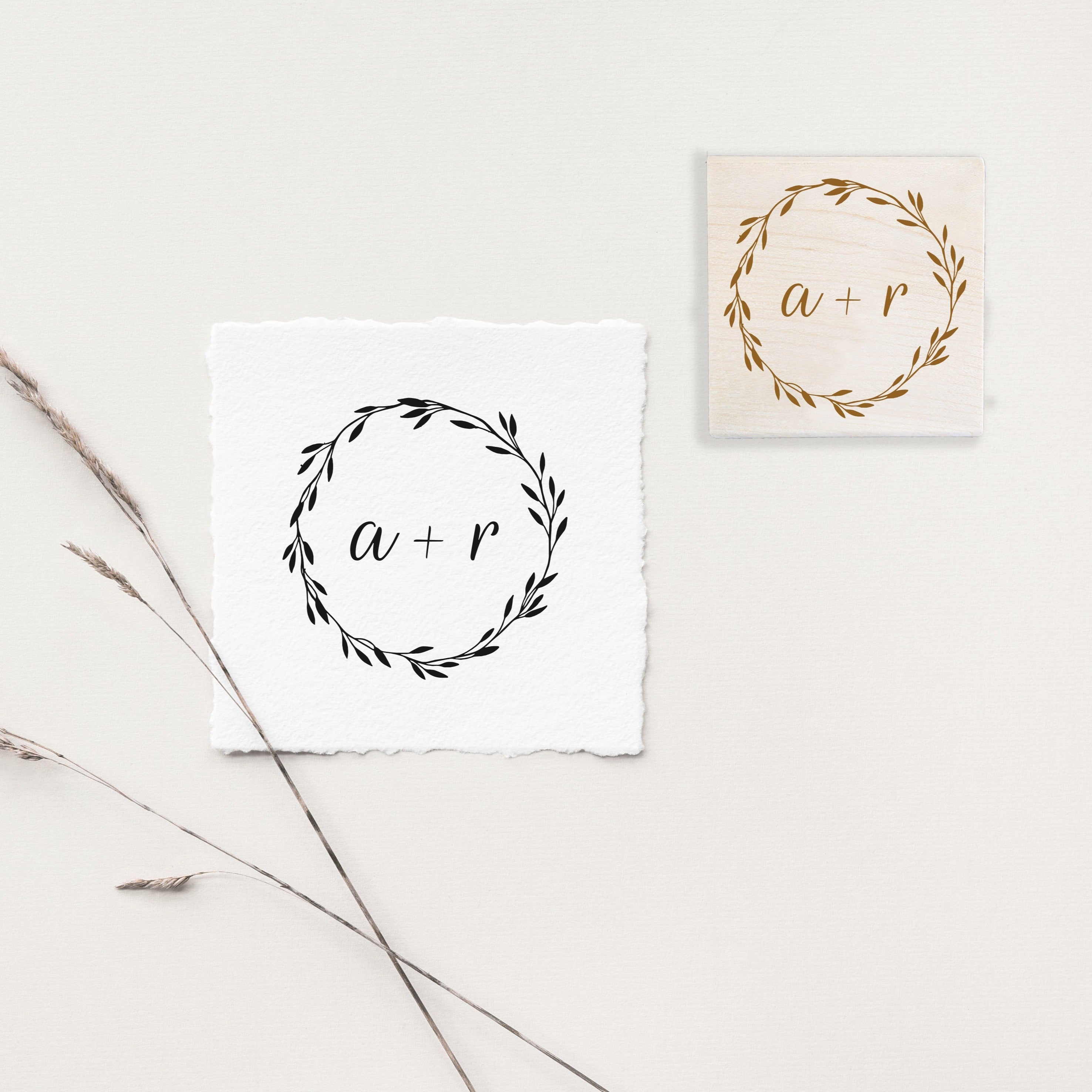 Hand-drawn Wreath Initials Wedding Stamp