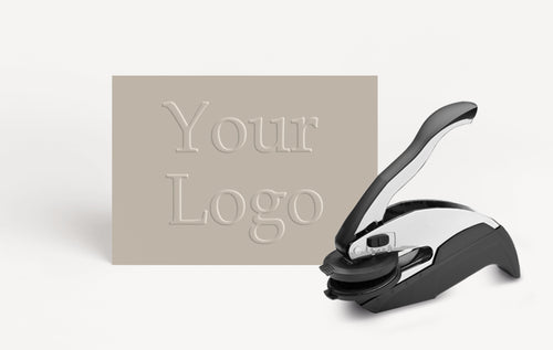 A custom embosser device with a placeholder for a logo, positioned next to a beige background.